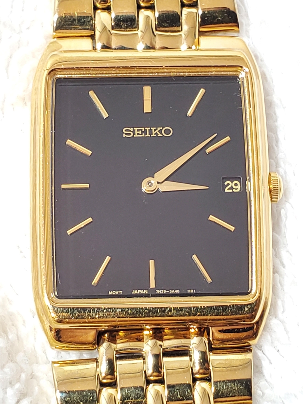Vintage Seiko Men's Date Tank Quartz Watch Gold Plated Black Dial One Jewel